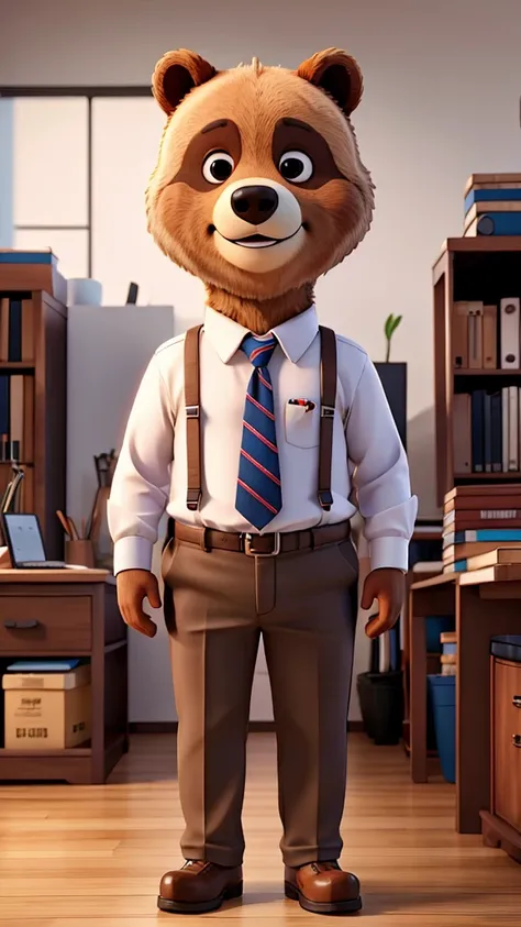 A bear in office clothes is standing in an office