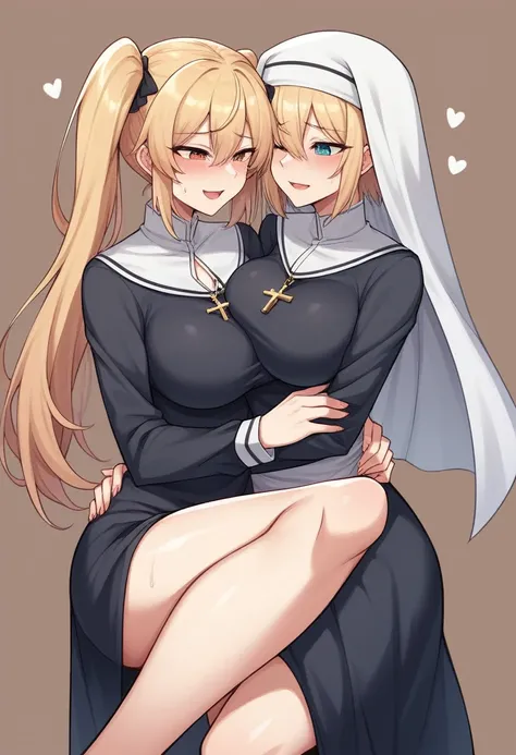 beautiful girl, long blonde hair, nun outfit, large breasts, wrestling, battle, submission, newaza, femdom, (little boy head is between her thighs or between her arms, arm lock,  leg lock), between her thighs ,leg lock,scissorhold, chokehold, , assertive_f...