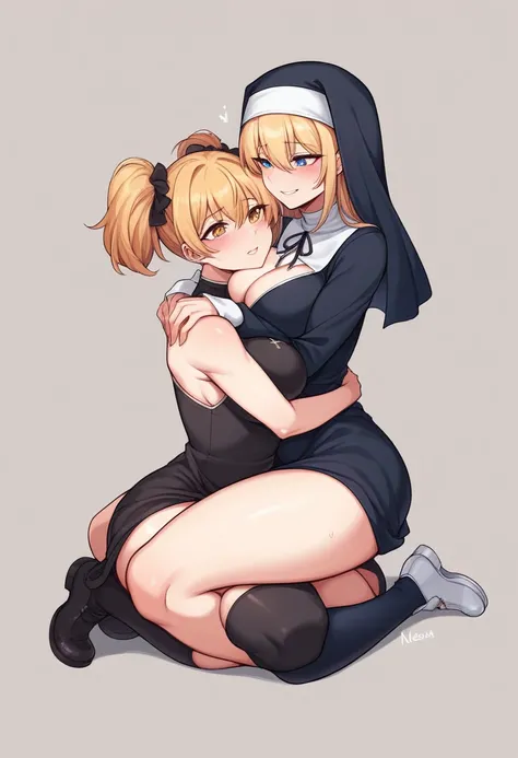 beautiful girl, long blonde hair, nun outfit, large breasts, wrestling, battle, submission, newaza, femdom, (little boy head is between her thighs or between her arms, arm lock,  leg lock), between her thighs ,leg lock,scissorhold, chokehold, , assertive_f...