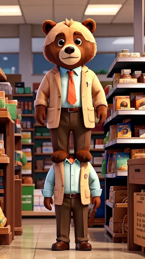 A bear in office clothes is standing in a supermarket