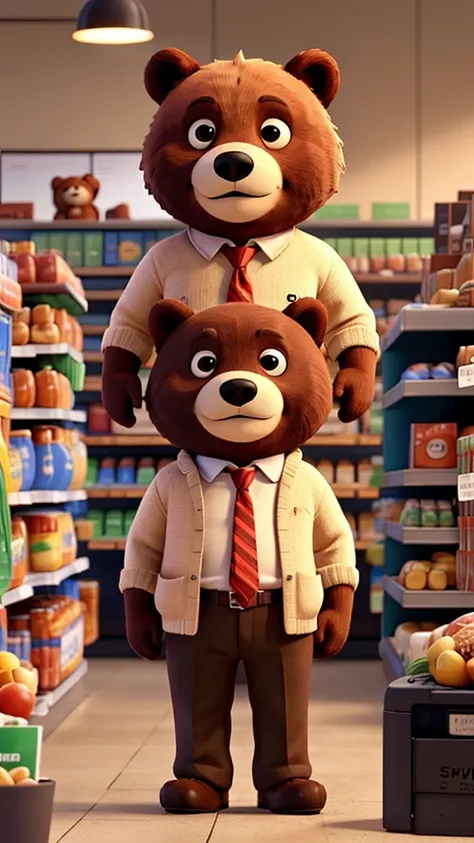 A bear in office clothes is standing in a supermarket