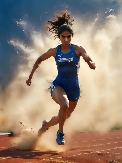 A dynamic scene unfolds on a professional athletics track where an intense competition is in progress. The setting sun in the background casts a warm light on the field, revealing an athlete, a determined South Asian woman in her mid-twenties, intensely fo...