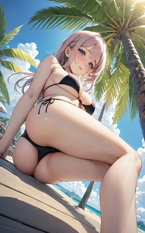 Highest quality、super high quality、16K, Delicious big breasts, The expression is embarrassed, The outfit is a bikini、The location is the beach、 Palm tree、cloud、The pose is with the butt facing、 Hair color is random、Hair length is short、Angle from below、Clo...