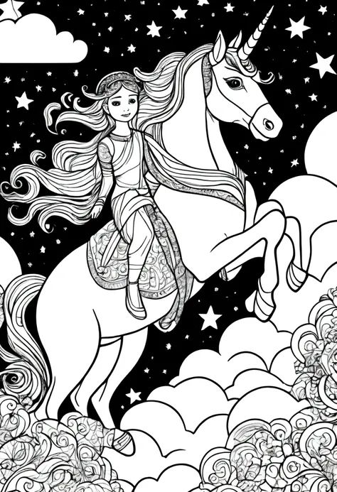 (a black and white coloring book:1.5), a unicorn and princess flying through the sky with stars and clouds, clean line art, whit...