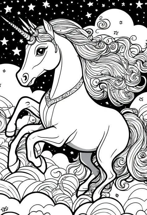 (a black and white coloring book:1.5), a unicorn and princess flying through the sky with stars and clouds, clean line art, whit...