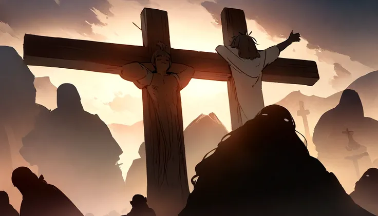 Jesus on the Cross, Makoto Shinkai and Studio Ghibli, outlined silhouettes, dramatic lighting, very detailed, Unbelievable quality, trending on artstation, masterpiece, 8 k