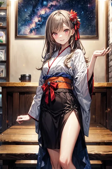 It is a full-body illustration of a beautiful slender woman with brown and grayish ash color straight hair, red sexy lips, and a smile. She is an FX trader. She is wearing a mini-skirt kimono dressed as Orihime on Tanabata day, and is smiling with the Milk...