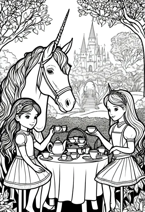 (a black and white coloring book:1.5), a princess and her unicorn friends having a tea party in a garden, clean line art, white ...