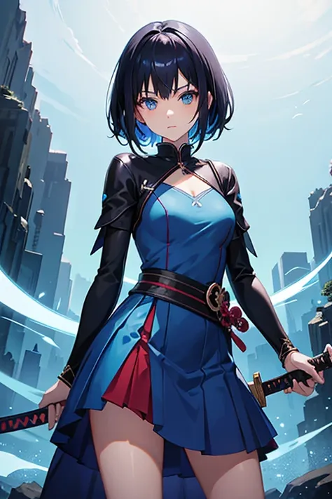 Anime girl holding sword katana blue dress holding a sword, anime, short black hair with neon highlights, hair is above shoulder height smooth beautiful 