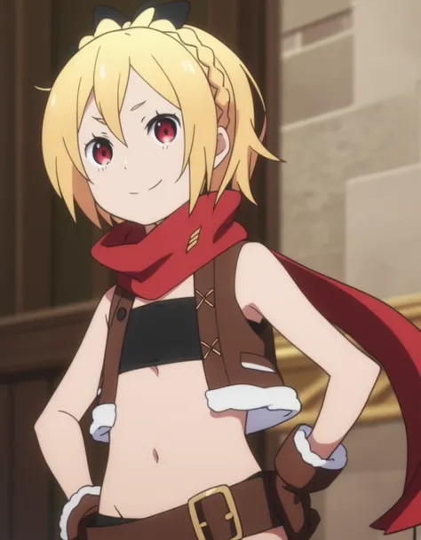 score_9, score_8_up, score_7_up,source_anime, anime screencap,
BREAK
Felt, upper body, looking at viewer, smile,crown braid, flat chest, brown vest, bandeau, brown gloves, midriff, red scarf, flat chest,