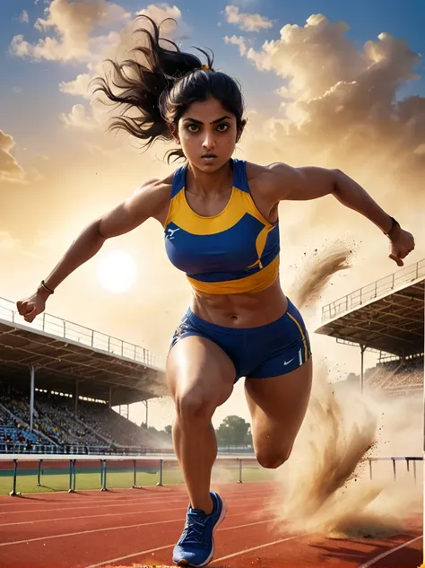 A dynamic scene unfolds on a professional athletics track where an intense competition is in progress. The setting sun in the background casts a warm light on the field, revealing an athlete, a determined South Asian woman in her mid-twenties, intensely fo...