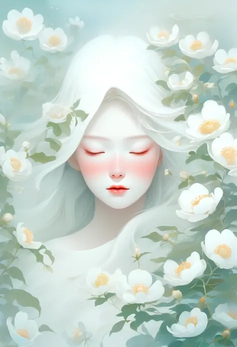 (thick fog:1.5)，soft space，soft tones，dream，hazy and mysterious，a lot of mist and white flowers，modern illustration elements。tra...