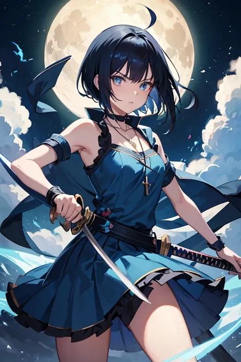 Anime girl holding sword katana blue dress holding a sword, anime, short black hair with neon highlights, hair is above shoulder height smooth beautiful dual wielding ready to attack, 1 hand on each sword, background of moon 4k, anime art, pendant on hair,...