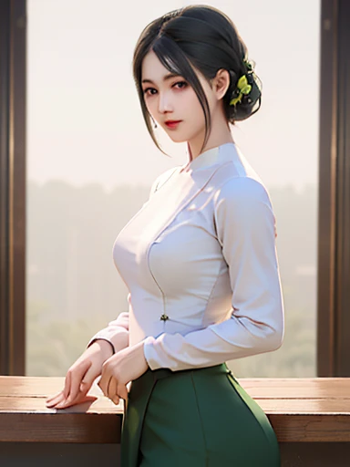 a beautiful girl in vintage colors aodai , masterpiece,(  a green pine silk dress with a white top ) best quality, realistic:1.3...