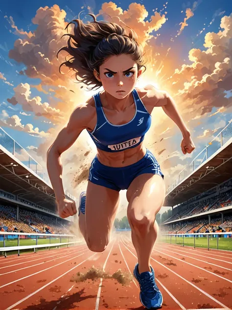 A vibrant scene appears on the professional athletics track，A fierce competition is going on,The setting sun in the background casts a warm glow on the field，The athletes are clearly visible，She is a determined girl.，25 years old，Focus on the task at hand，...