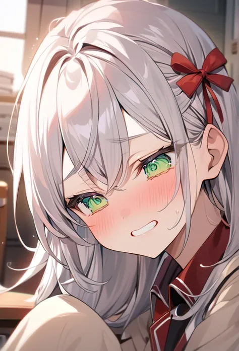 「Cute neighbor Aarya blushing in embarrassment、Anime Style、Face close-up、Long silver hair、Green Eyes、Wear a small red ribbon on the right side of your head、uniform、Redness on the cheeks、A shy smile、Soft pastel colors、Soft lighting、high quality、Typical Russ...