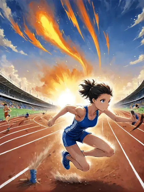 A vibrant scene appears on the professional athletics track，A fierce competition is going on,The setting sun in the background casts a warm glow on the field，The athletes are clearly visible，She is a determined girl.，25 years old，Focus on the task at hand，...