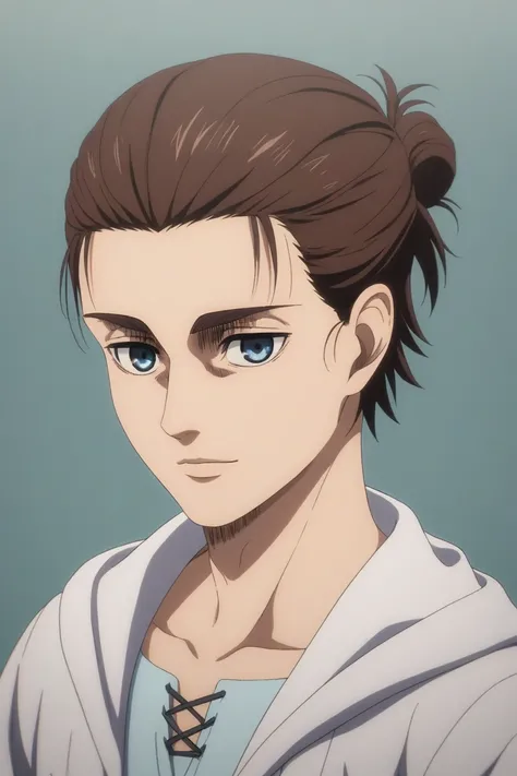 score_9, score_8_up, score_7_up, source_anime, rating_safe, , (3d:0.4), , , 1boy, solo, male focus, eren_yeager_s4, brown hair, blue eyes, short hair, hair bun, single hair bun, , upper body, mont saint michel, dawn, v arms, light smile, biker costume, 