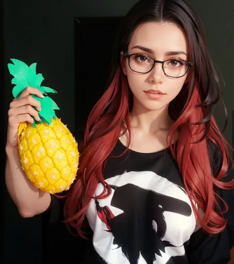 beautiful girl in a black shirt showing a pineapple in her hand, big breast, sexy, long hair, black and red hair, 1girl, solo, r...