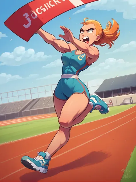 A vibrant scene appears on the professional athletics track，A fierce competition is going on,The setting sun in the background casts a warm glow on the field，The athletes are clearly visible，She is a determined girl.，25 years old，Focus on the task at hand，...