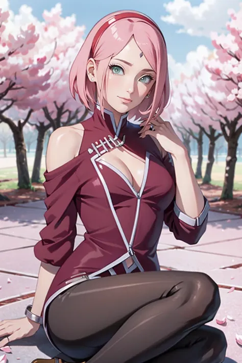 tmasterpiece， best quality at best， 1girll， sakura haruno， large breasts，off-the-shoulder attire，（cleavage)，（upperbody closeup)，...