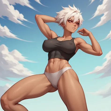 nsfw,1 girl,Solo,White hair,tan,red eyes, Covered nipples,TOMboy,big breast,masterpiece, high quality best quality, very aesthetic,masterpiece, best quality, very aesthetic, absurdres,tank top,arms up,hand up,panties,straight-on,split leg