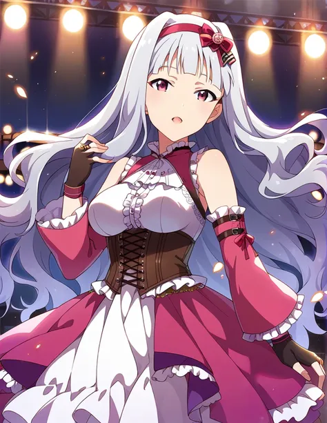 score_9, score_8_up, score_7_up, source_anime,
1girl, solo, idol concert, singing, looking at viewer,  diva, stage, white curtain, stage lights, light particles, 
 sjutkn, very long hair, grey hair, wavy hair, blunt bangs, hairband, purple eyes, large brea...