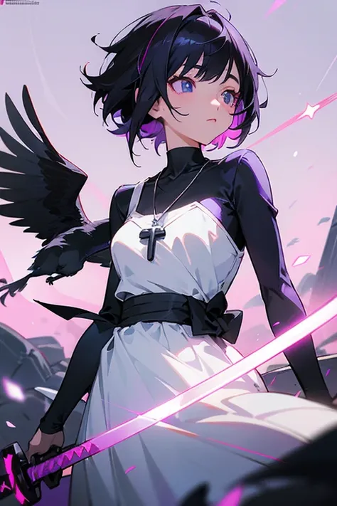 Anime girl holding sword katana, anime, short black hair with neon purple highlights, hair is above shoulder height, smooth beautiful, 4k, anime art, pendant on hair, cross t necklace, vivid white dress, two crows in scene