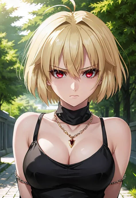 masterpiece,best quality,Arcueid,ruby eyes, ruby eyes,short hair, blonde hair ,1girl, solo,looking at viewer, black skirt,hair between eyes,breasts,outdoors, chain necklace, fang, angry, black tights, long nails