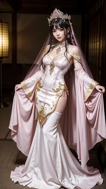 a woman in a pink dress and white boots poses, fantasy costume, Full Body Xianxia, cosplay, elegant glamorous cosplay, ((a beautiful fantasy empress)), a beautiful enchantress, beautiful enchantress, a beautiful fantasy empress, chica anime cosplay, glamor...