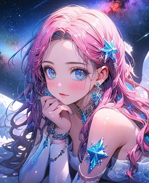 8K,gal，an extremely delicate and beautiful,Beautiful and realistic skin,Shiny jewel-like earrings,Long colorful hair,beautiful eyes,whole body,head to toe,beautiful regs,orihime,milky way,tinkle stars 
