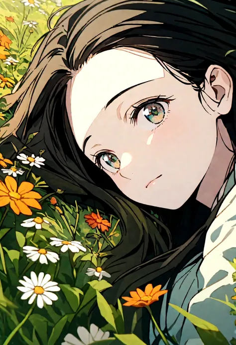 a close-up portrait of nezuko lying in a meadow filled with wildflowers, looking into the camera. the vibrant colors of the flow...