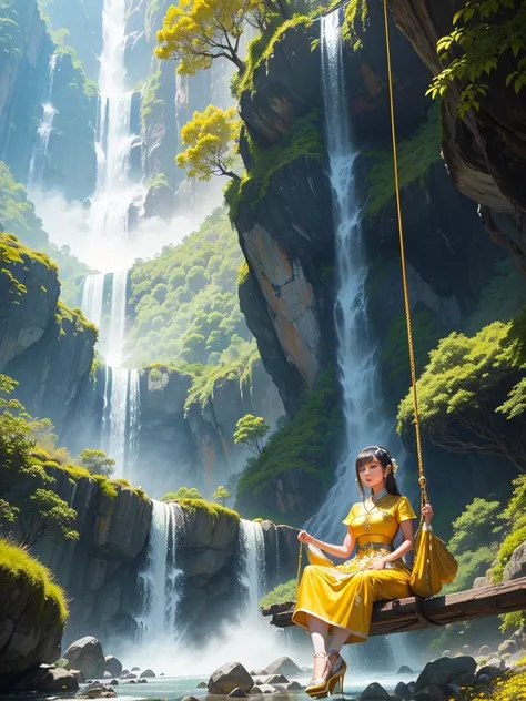 A young woman wearing a yellow and gold-white traditional Thai dress wearing white high heels sits on a giant swing decorated with colorful flowers, a waterfall, a high mountain, a modern house.