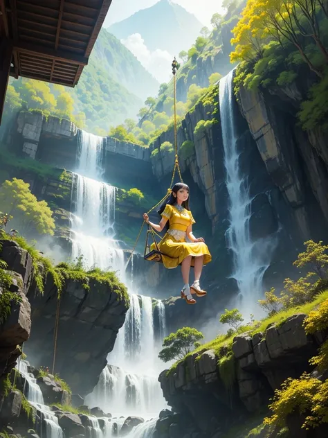 A young woman wearing a yellow and gold-white traditional Thai dress wearing white high heels sits on a giant swing decorated with colorful flowers, a waterfall, a high mountain, a modern house.