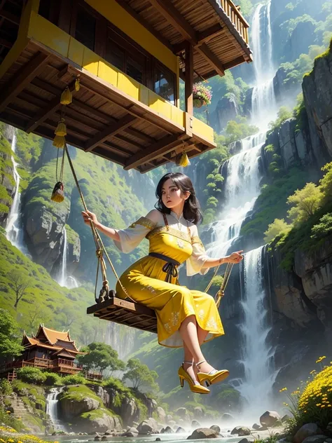 A young woman wearing a yellow and gold-white traditional Thai dress wearing white high heels sits on a giant swing decorated with colorful flowers, a waterfall, a high mountain, a modern house.