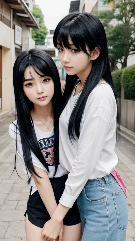 Anime boy and girl, who are best friends, have black hair, look very cute, age of 26 years, korean style