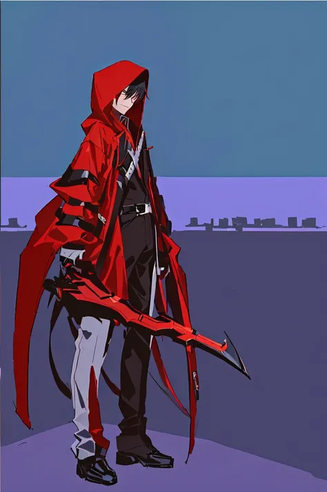 cartoon of a Man in a red and black outfit with a blade, red demon cloak, villain wearing a assassin suit, red hooded assassin, crimson attire, face hidden by hoodie cloak, assassin