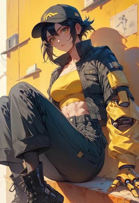 32k、Complex、Very detailed、whole body、Short black hair、Wear a black baseball cap、Wear a yellow tube top、Wear a black vest、Wear black cargo pants、Wear black short boots、Both arms are mechanical、garage、sit、Female Cyborg