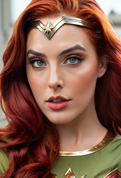 beautiful sexy red hair, classic 70s wonder woman with green eyes (realistic detailed,4k,high resolution,work of art:1.2), (slic...