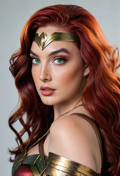 beautiful sexy red hair, classic 70s wonder woman with green eyes (realistic detailed,4k,high resolution,work of art:1.2), (slic...