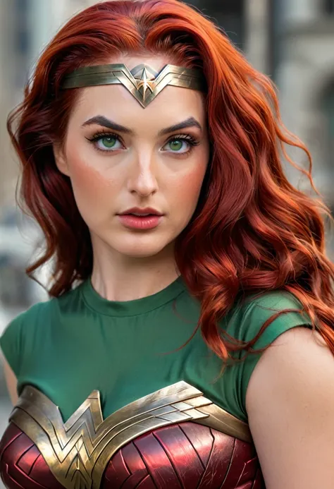 Beautiful sexy red hair, Classic 70s Wonder Woman with green eyes (realistic detailed,4K,high resolution,work of art:1.2), (slickedback hair)