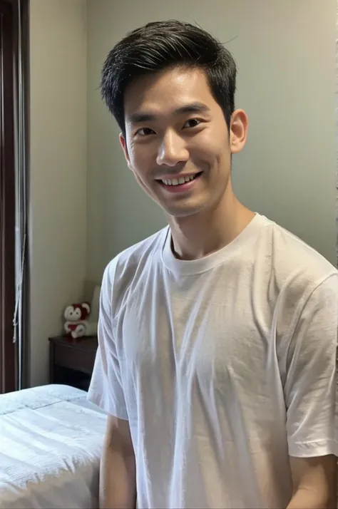 Korean man, Inspiration from Peng Yuyan, 30 years old, 236 years old, Cute Korean Face, 35 yo, 33 year old Korean muscular man，The bedroom is at the back. white t-shirt, open mouth smile