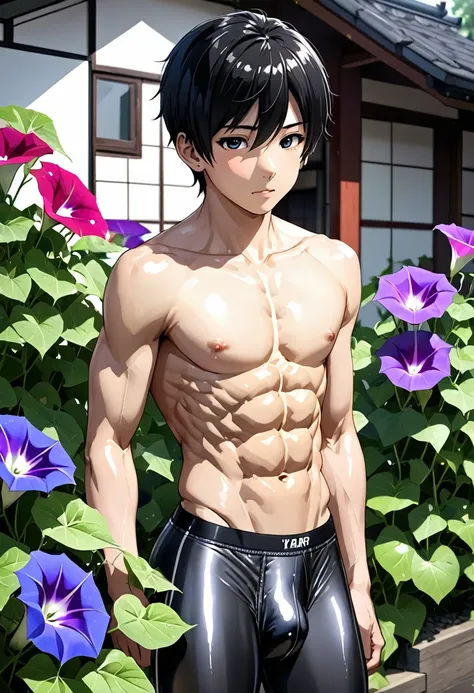 high quality, detailed, (16 years old japanese idol boy), (detailed black eyes), (black short hair), (abs:1.5), (shiny skin), (bulge:1.2),(detailed nipples), yard, Morning glory,