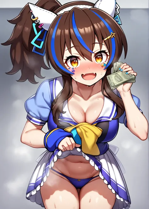 1Girl, daitaku helios(umamusume), (umamusume), umamusume, sweat, steam,smile, skin fang, ponytail , (tracenschooluniform), skirt_lift, holding money, (undersized clothes),cleavage, groin, prostitution, looking at viewer, cowboy shot, masterpiece, very aest...