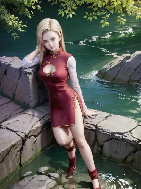 android 18,blonde hair,(((long hair))),blue eyes,((long slit red sexy cheongsam)), (red),looking at the audience,face smile,clos...