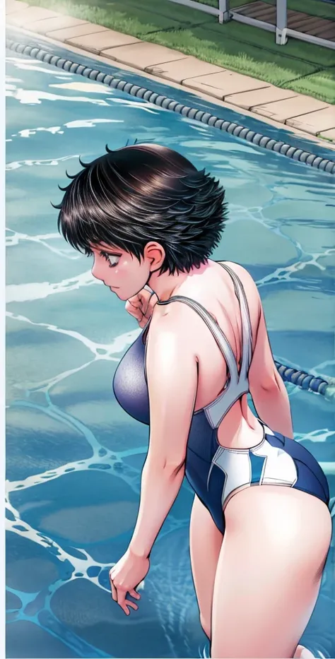 A boyish, short-haired, busty, beautiful-legged woman is standing by the pool in a competitive swimsuit with her legs spread to the side.。