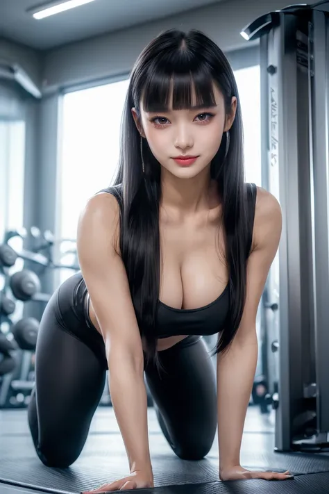 Tight tank top、Yoga Tights、armpits:1.2,Ultra-high resolution、(((Blunt bangs, Princess Van))), (((Very heavy,Voluminous bangs:1.1))),(((very length, Very heavy,Very voluminous side locks:1.1))),, Princess Cut, Straight bangs hairstyle, Round face with Blunt...