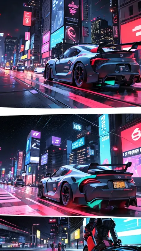 "Generate a highly detailed image of a futuristic Toyota Supra racing through a vibrant, neon-lit cyberpunk cityscape at night. The Supra should have sleek, aerodynamic modifications, glowing underbody lights, and intricate, futuristic decals. The city sho...