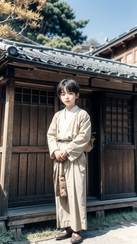 A young Japanese boy in traditional early 20th century clothing, standing in a rural village in Wakayama, Japan. The background shows typical wooden houses and nature. Early 1900s aesthetic, sepia tone.
