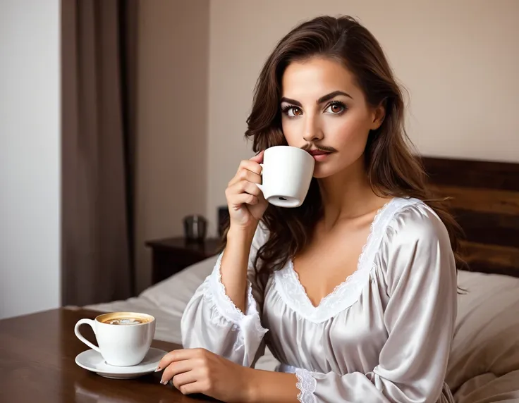 stubble beard woman with mustach, brown hair, amber eyes, in nightgown, drinks coffee